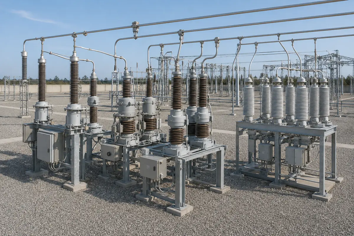 High-voltage instrument transformers installed in an outdoor substation